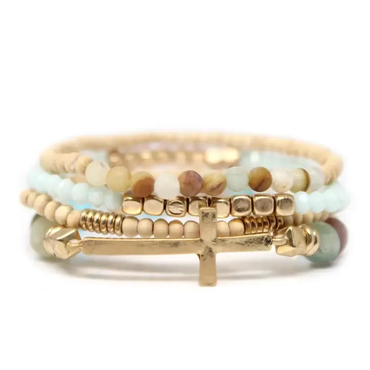 Set of 4, Stone And Wooden Beads Bracelet
