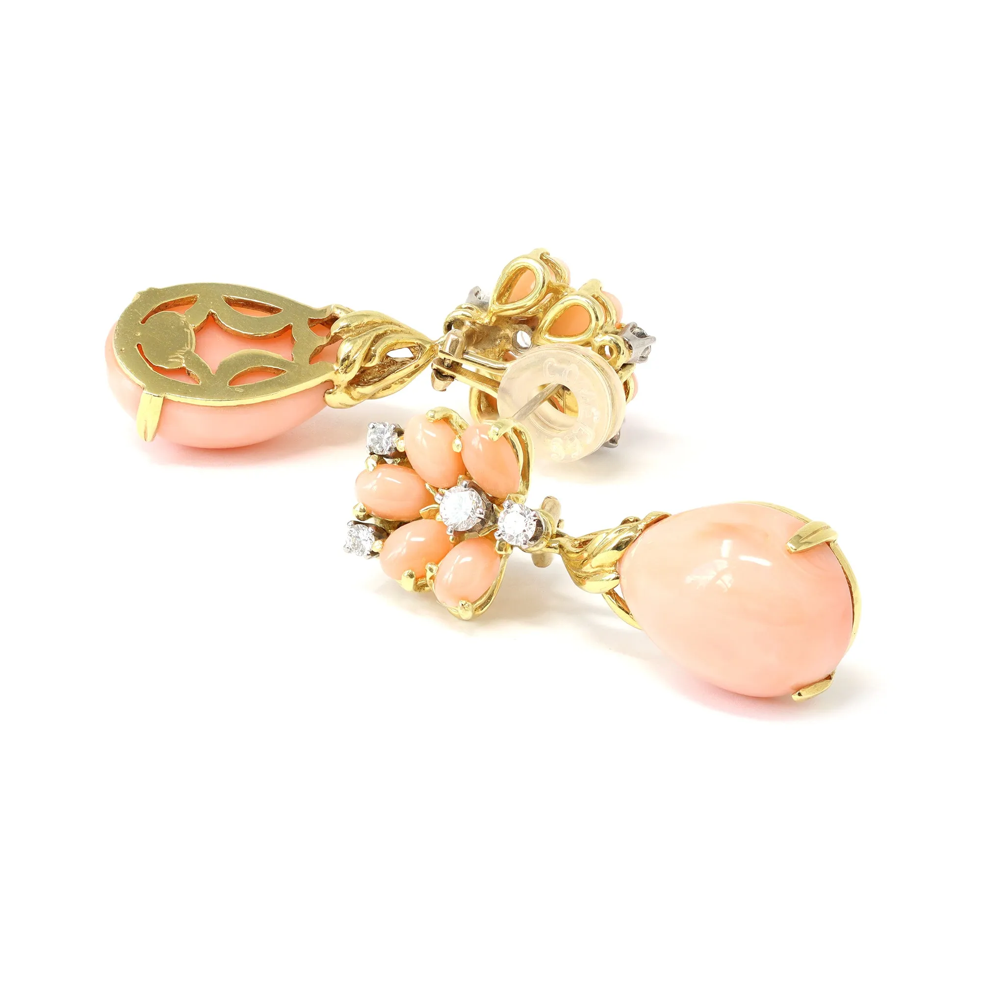 Signed La Triomphe Coral & Diamond Dangling Earrings in 18K
