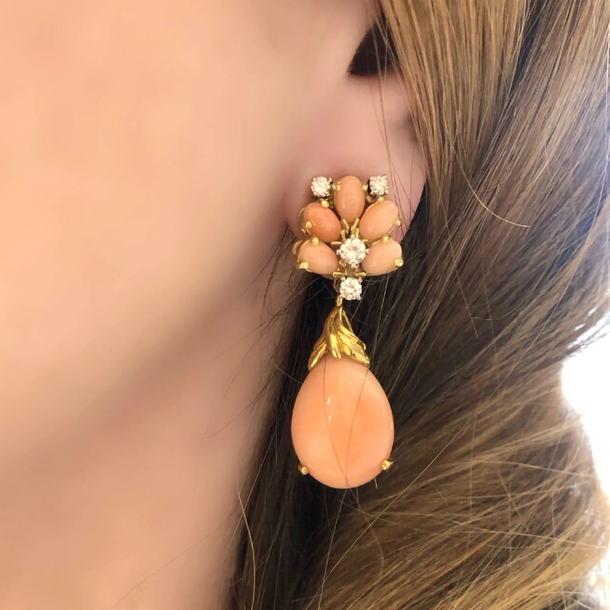 Signed La Triomphe Coral & Diamond Dangling Earrings in 18K