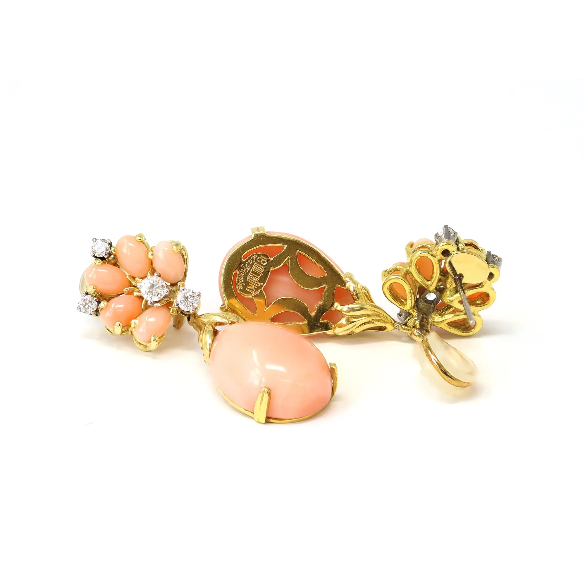 Signed La Triomphe Coral & Diamond Dangling Earrings in 18K
