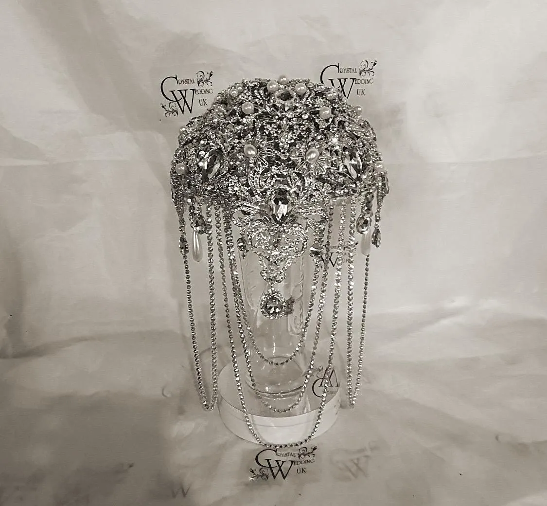 Silver Brooch bouquet, Jewel crystal wedding bouquet. Crystal Bridal Brooch Bouquet, cascade Jewel bouquet by Crystal wedding uk