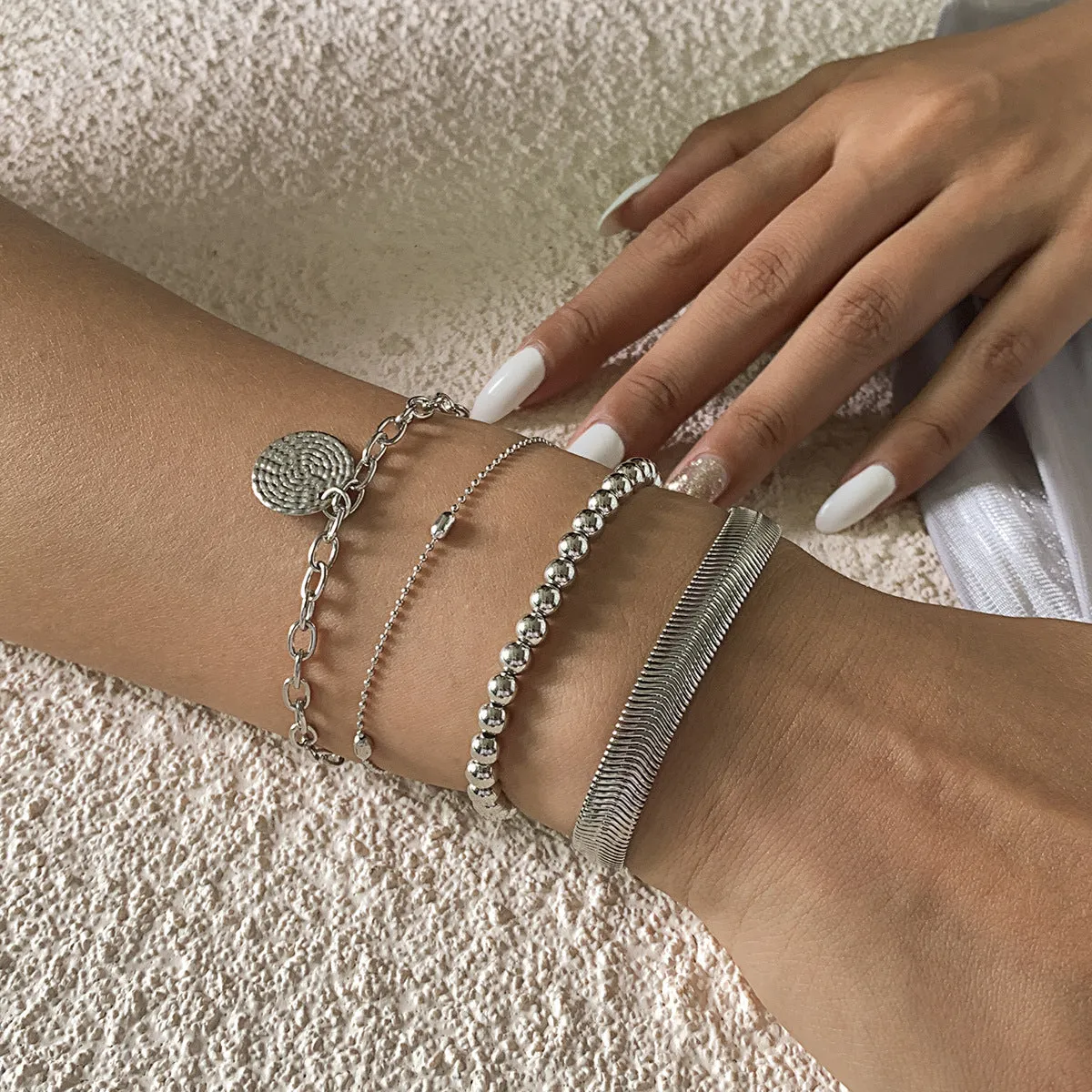 Silver-Plated Beaded Snake Chain Bracelet Set