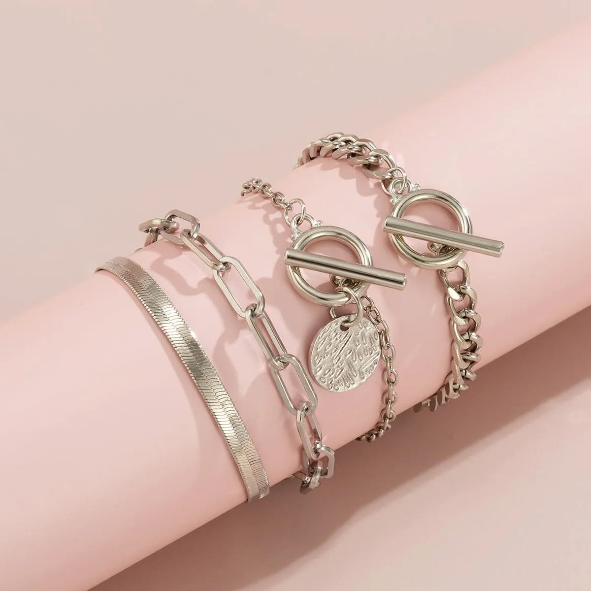 Silver-Plated Chain Toggle Bracelet Set