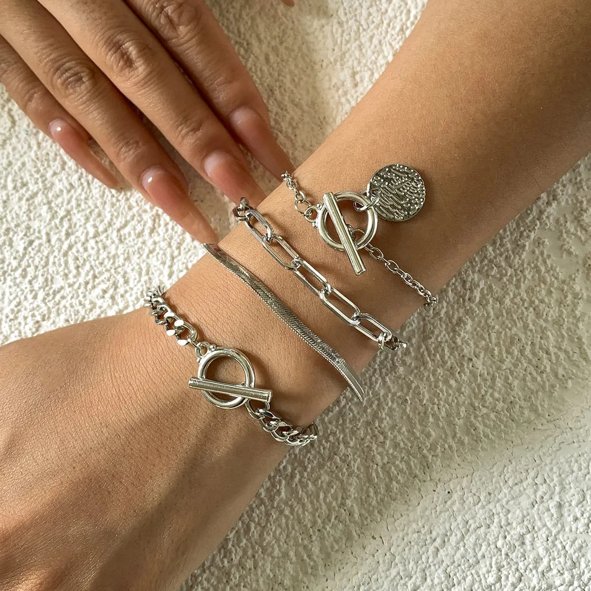 Silver-Plated Chain Toggle Bracelet Set