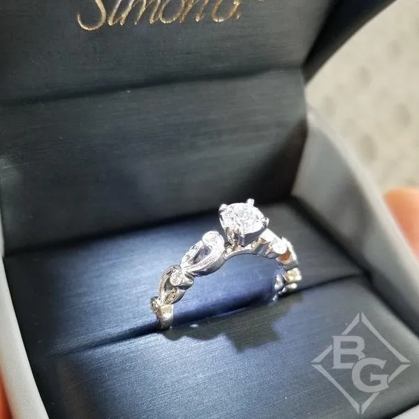 Simon G. Small Center Vintage Style Filigree Diamond Engagement Ring