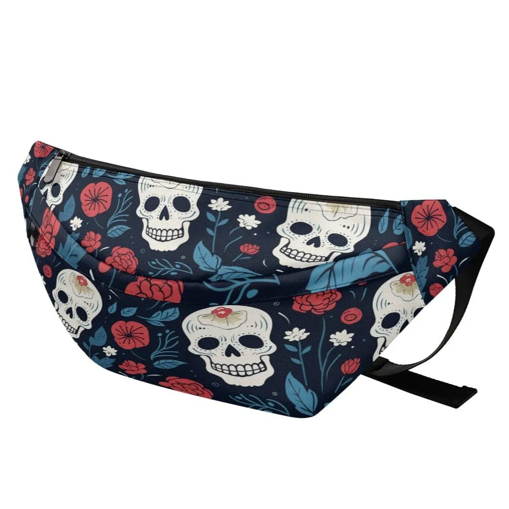 Skulls Blue Red Flowers Large Fanny Pack