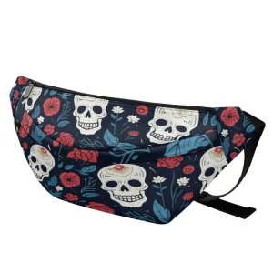 Skulls Blue Red Flowers Large Fanny Pack