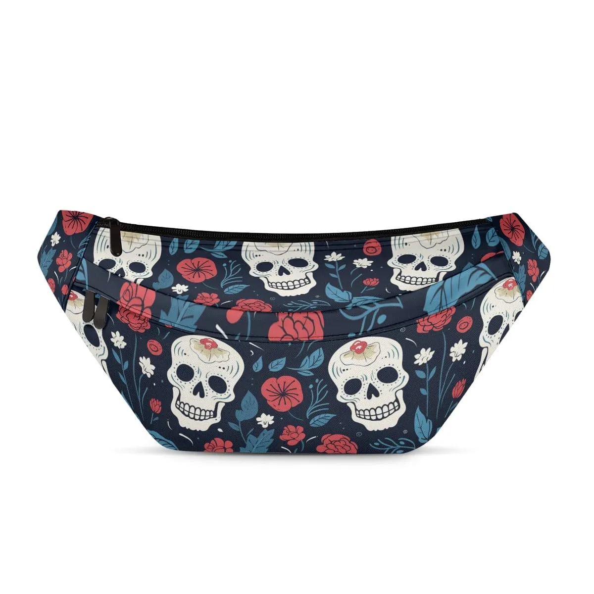 Skulls Blue Red Flowers Large Fanny Pack