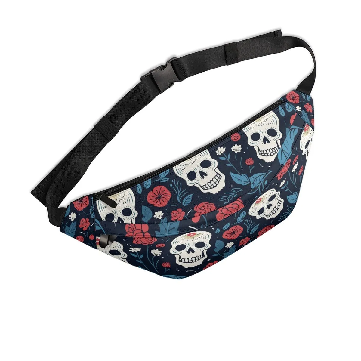Skulls Blue Red Flowers Large Fanny Pack
