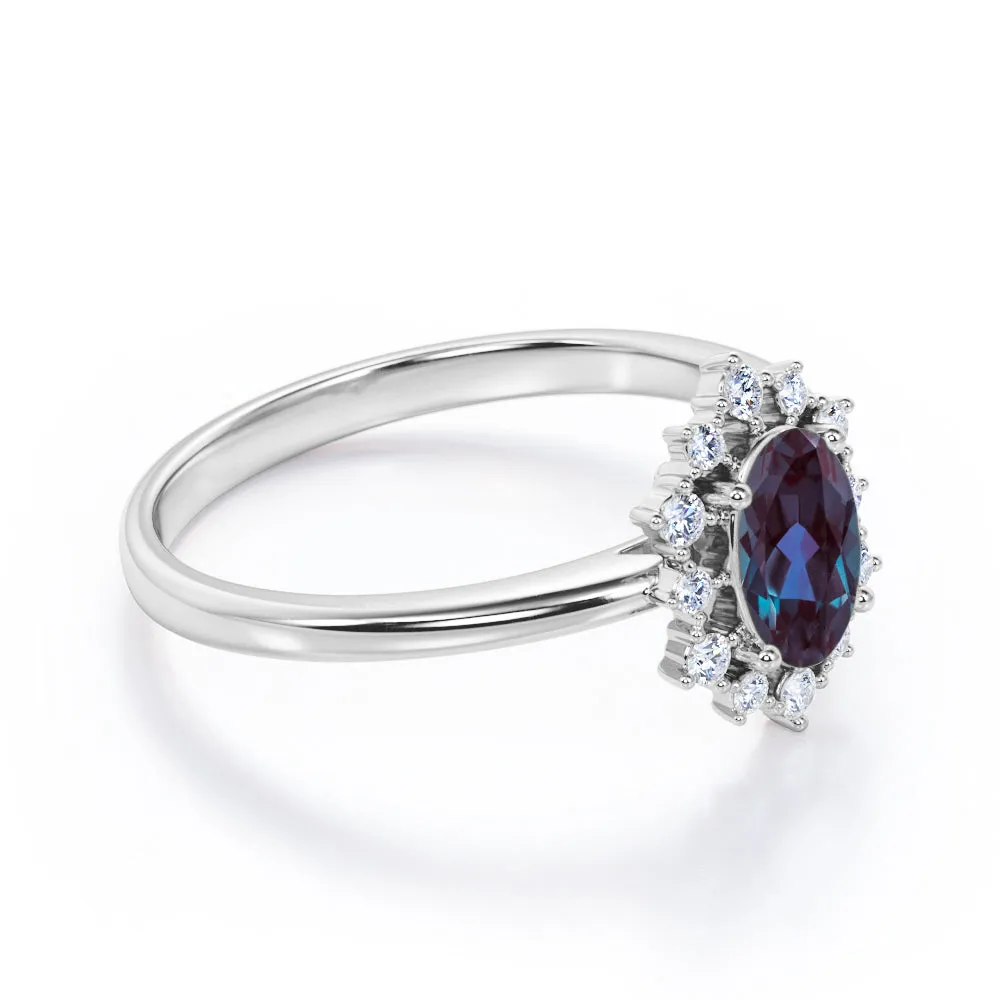 Snowflake Cluster 1.25 carat Oval shaped Alexandrite and diamond floral halo engagement ring in Black gold
