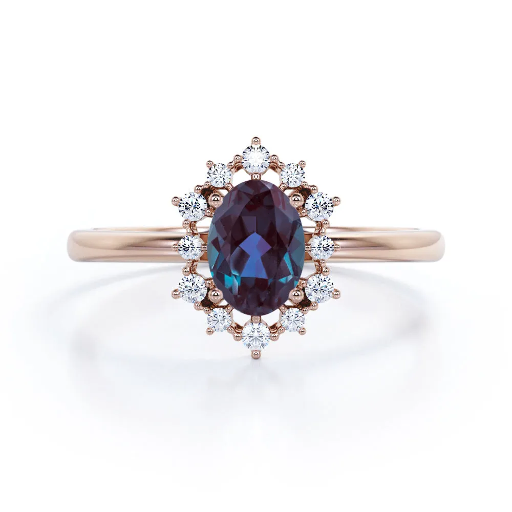 Snowflake Cluster 1.25 carat Oval shaped Alexandrite and diamond floral halo engagement ring in Black gold