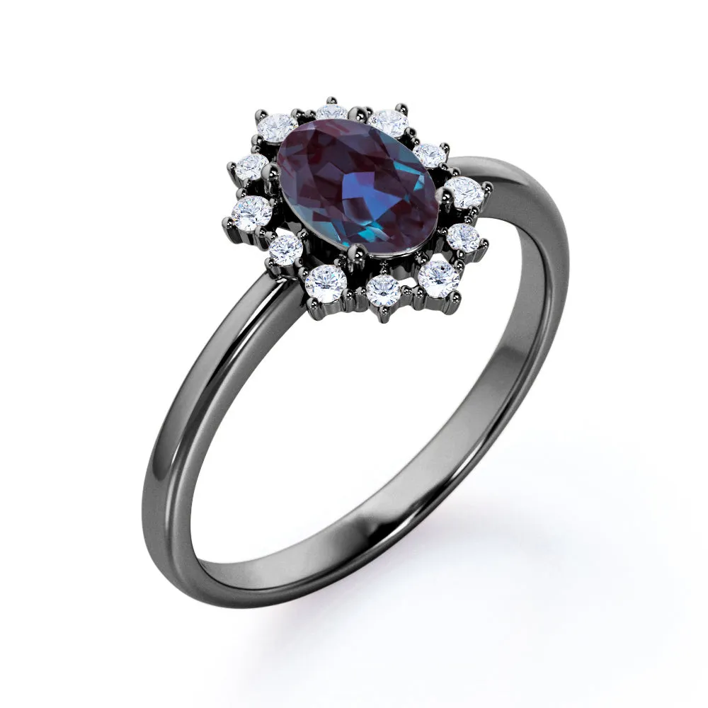 Snowflake Cluster 1.25 carat Oval shaped Alexandrite and diamond floral halo engagement ring in Black gold
