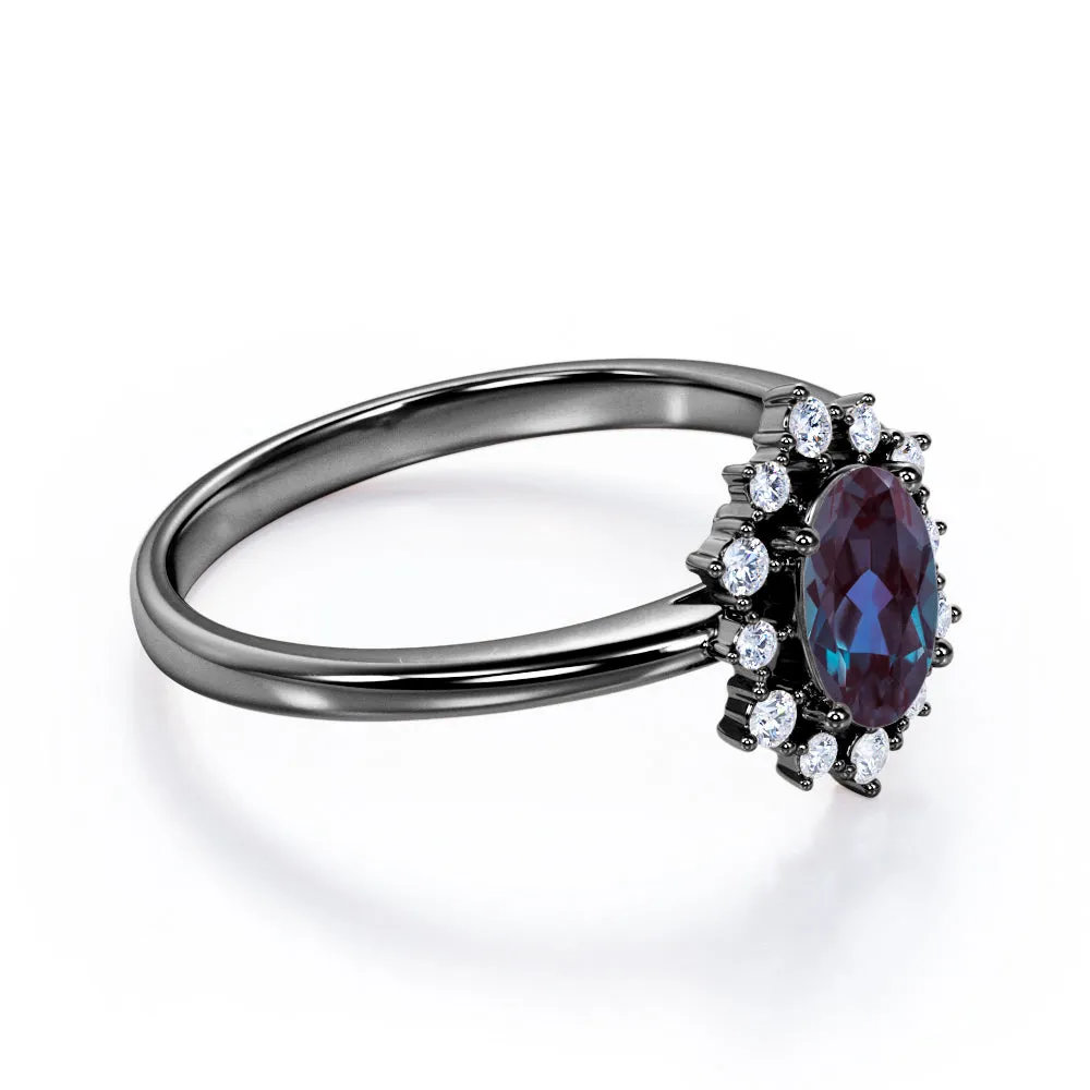Snowflake Cluster 1.25 carat Oval shaped Alexandrite and diamond floral halo engagement ring in Black gold