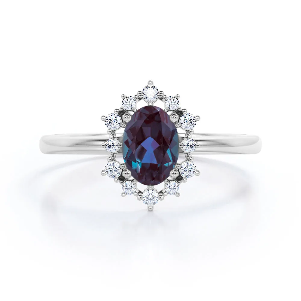 Snowflake Cluster 1.25 carat Oval shaped Alexandrite and diamond floral halo engagement ring in Black gold