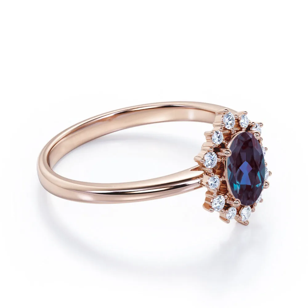 Snowflake Cluster 1.25 carat Oval shaped Alexandrite and diamond floral halo engagement ring in Black gold