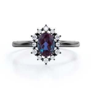 Snowflake Cluster 1.25 carat Oval shaped Alexandrite and diamond floral halo engagement ring in Black gold