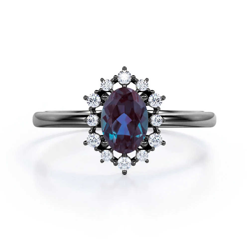 Snowflake Cluster 1.25 carat Oval shaped Alexandrite and diamond floral halo engagement ring in Black gold