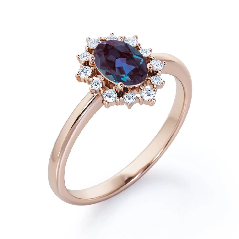 Snowflake Cluster 1.25 carat Oval shaped Alexandrite and diamond floral halo engagement ring in Black gold
