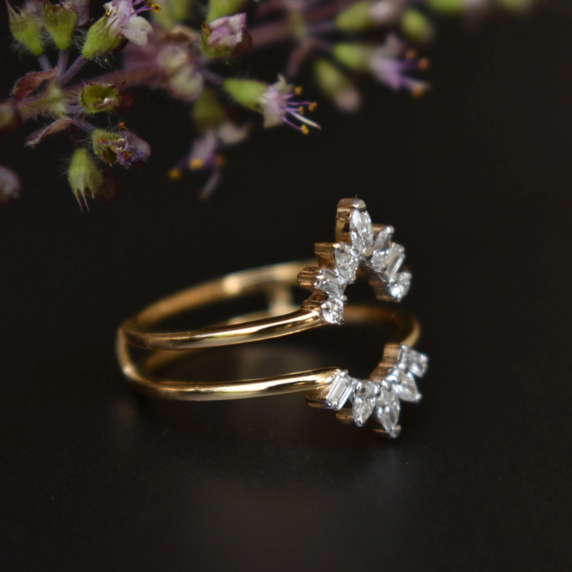 Solid Gold & Fancy Cuts Diamond Ring Wrap for Pear Solitaire Engagement Ring