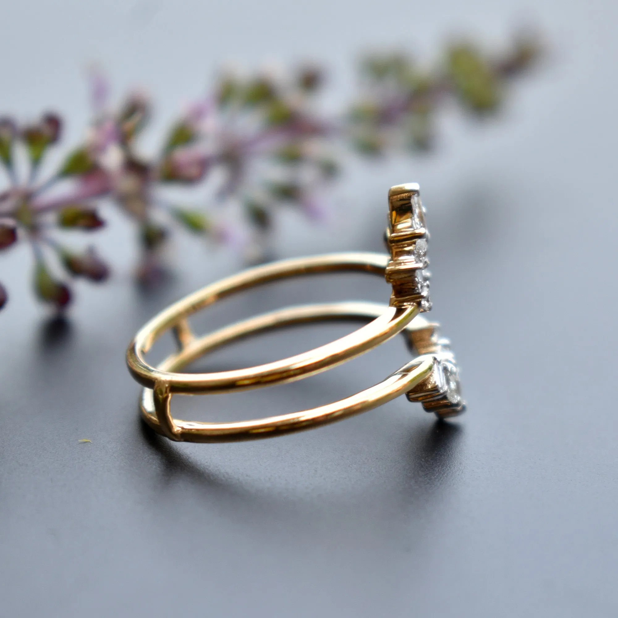 Solid Gold & Fancy Cuts Diamond Ring Wrap for Pear Solitaire Engagement Ring