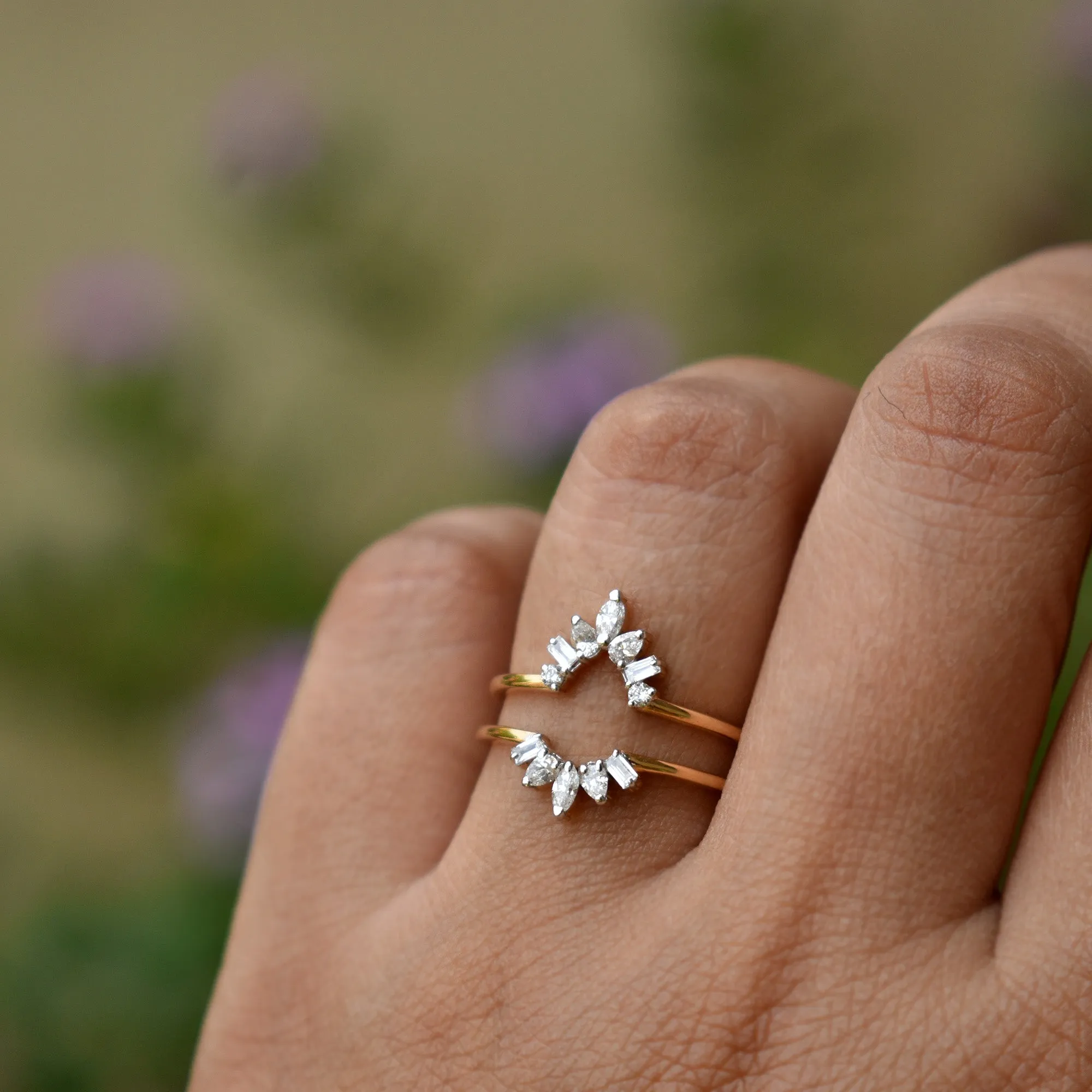 Solid Gold & Fancy Cuts Diamond Ring Wrap for Pear Solitaire Engagement Ring