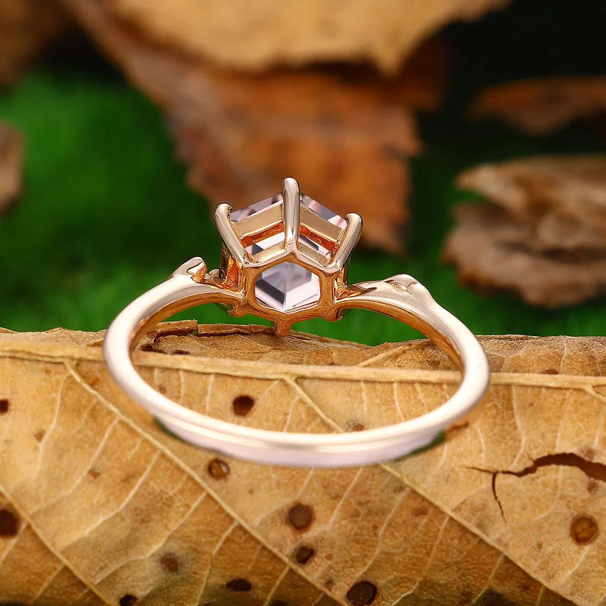 Solitaire Twig 1.35 CT Hexagon Cut Natural Pink Morganite Promise Ring