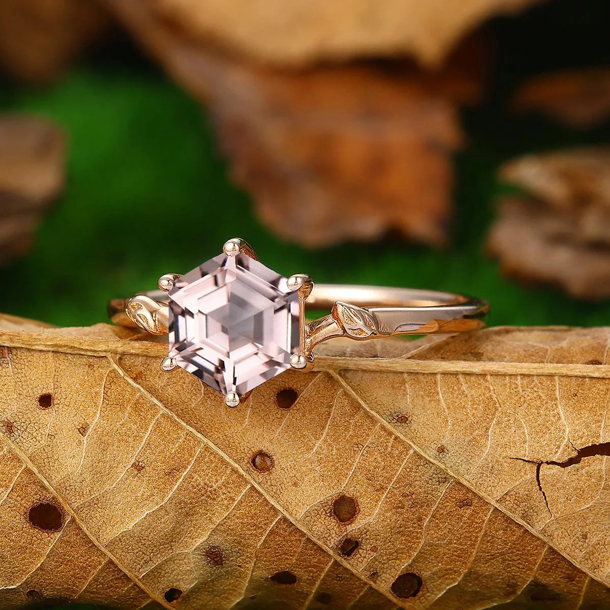 Solitaire Twig 1.35 CT Hexagon Cut Natural Pink Morganite Promise Ring