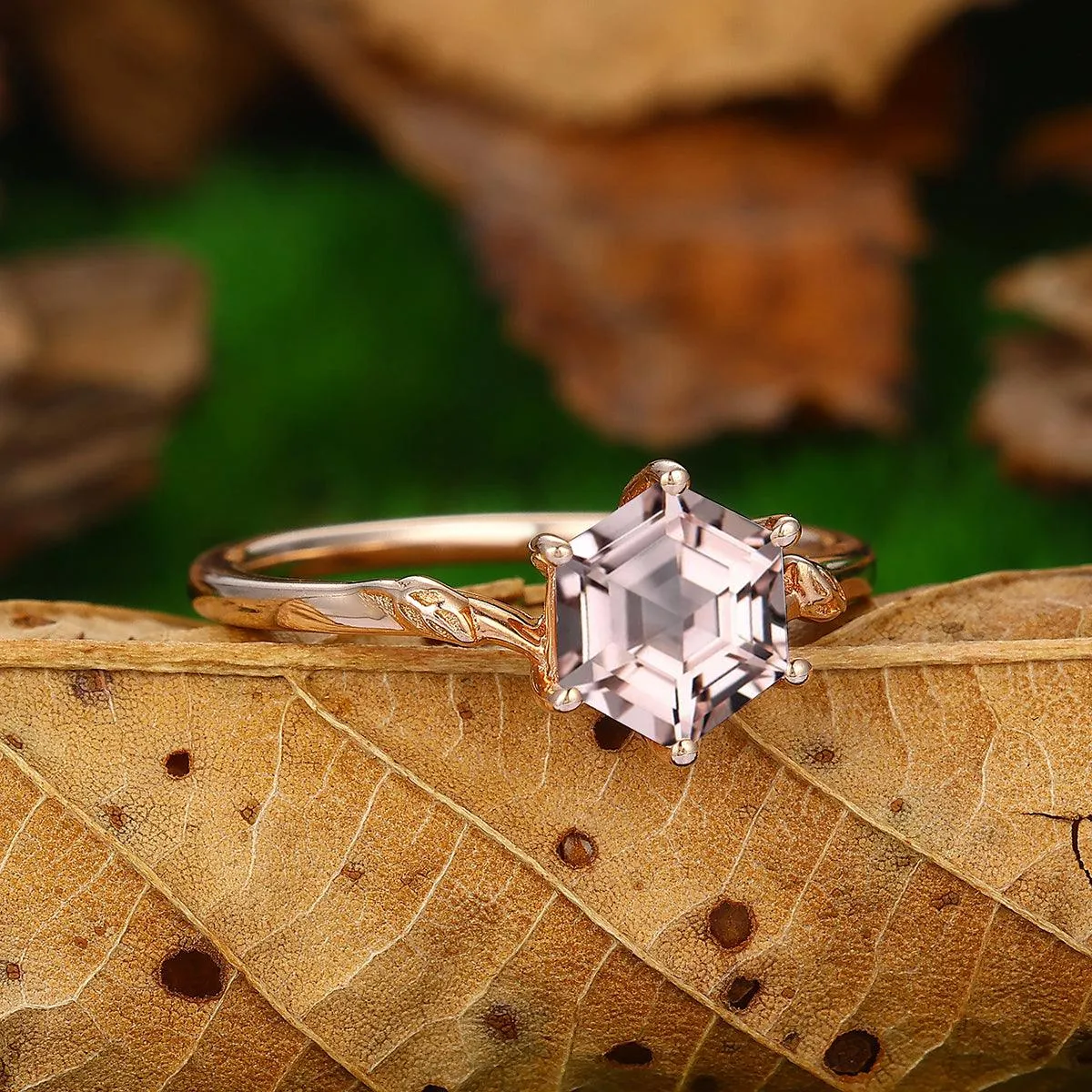 Solitaire Twig 1.35 CT Hexagon Cut Natural Pink Morganite Promise Ring