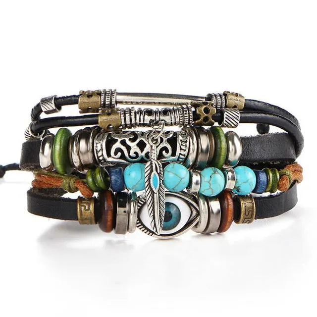 SOXY Multi-layer Adjustable Leather Beaded Bracelet Hand-Woven Men's Bracelet Bangles