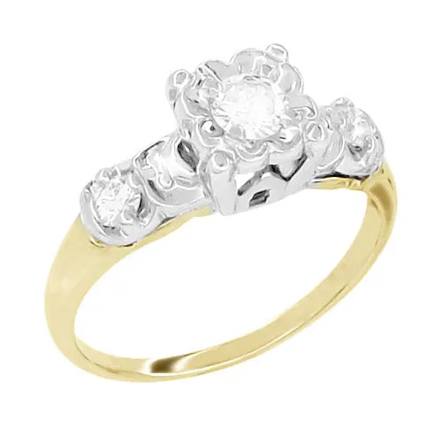Square Top 1950's Vintage Diamond Engagement Ring in 14K Two-Tone White and Yellow Gold