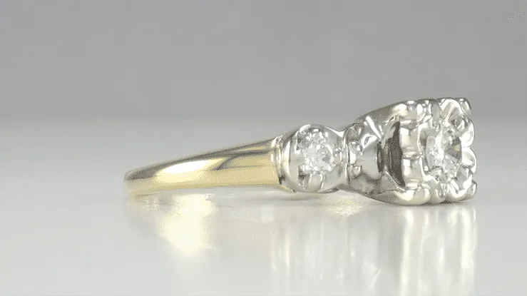 Square Top 1950's Vintage Diamond Engagement Ring in 14K Two-Tone White and Yellow Gold
