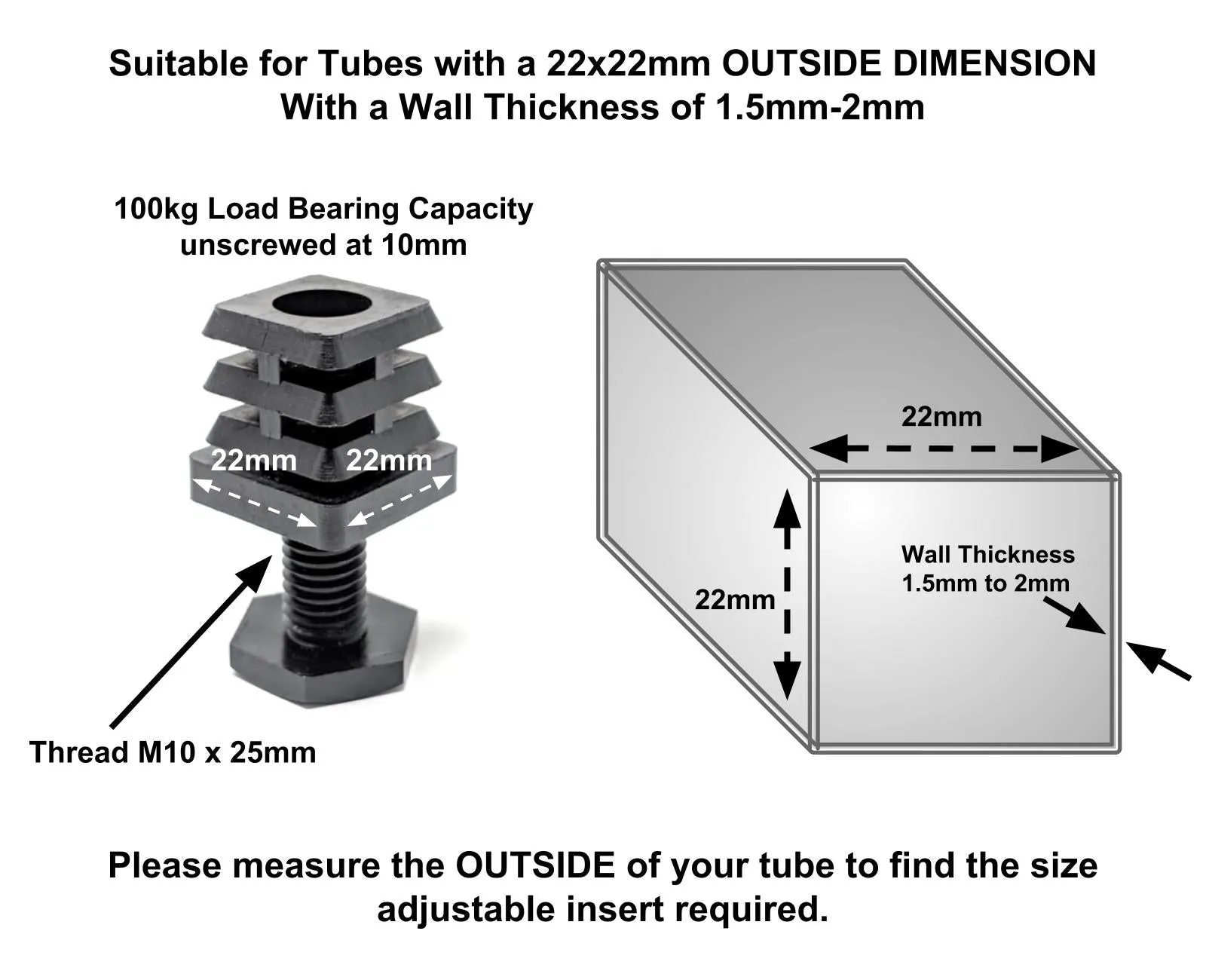 Square Tube Inserts 22mm x 22mm Height Adjustable | Made in Germany | Keay Vital Parts