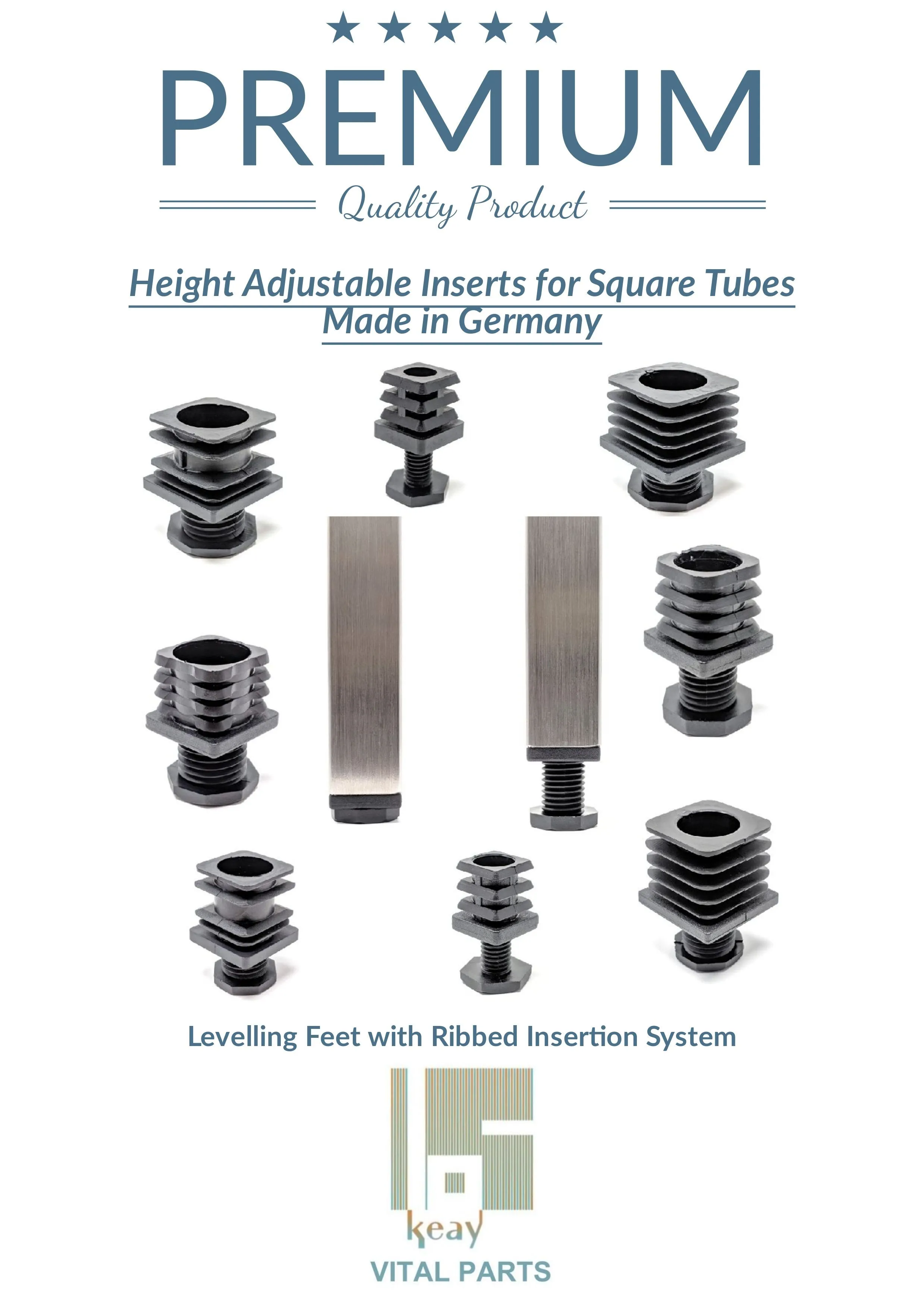 Square Tube Inserts 22mm x 22mm Height Adjustable | Made in Germany | Keay Vital Parts