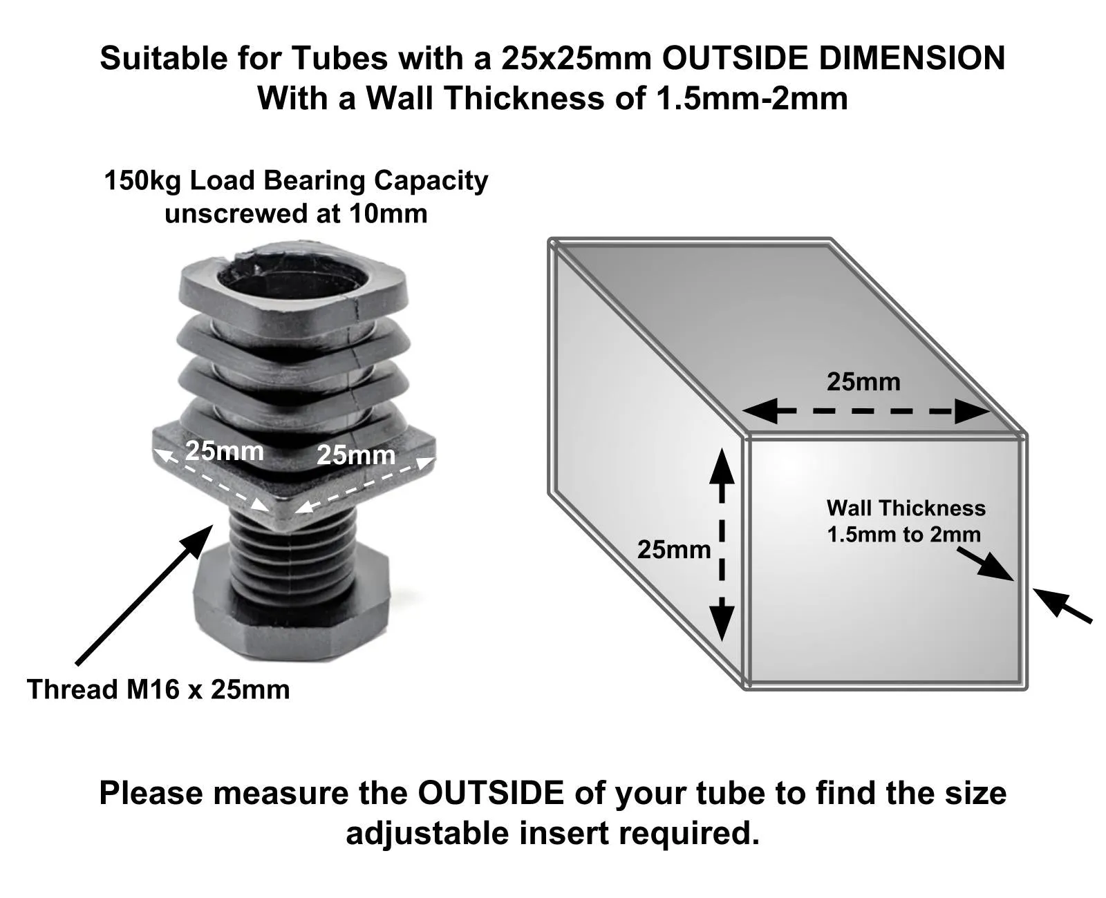 Square Tube Inserts 25mm x 25mm Height Adjustable | Made in Germany | Keay Vital Parts