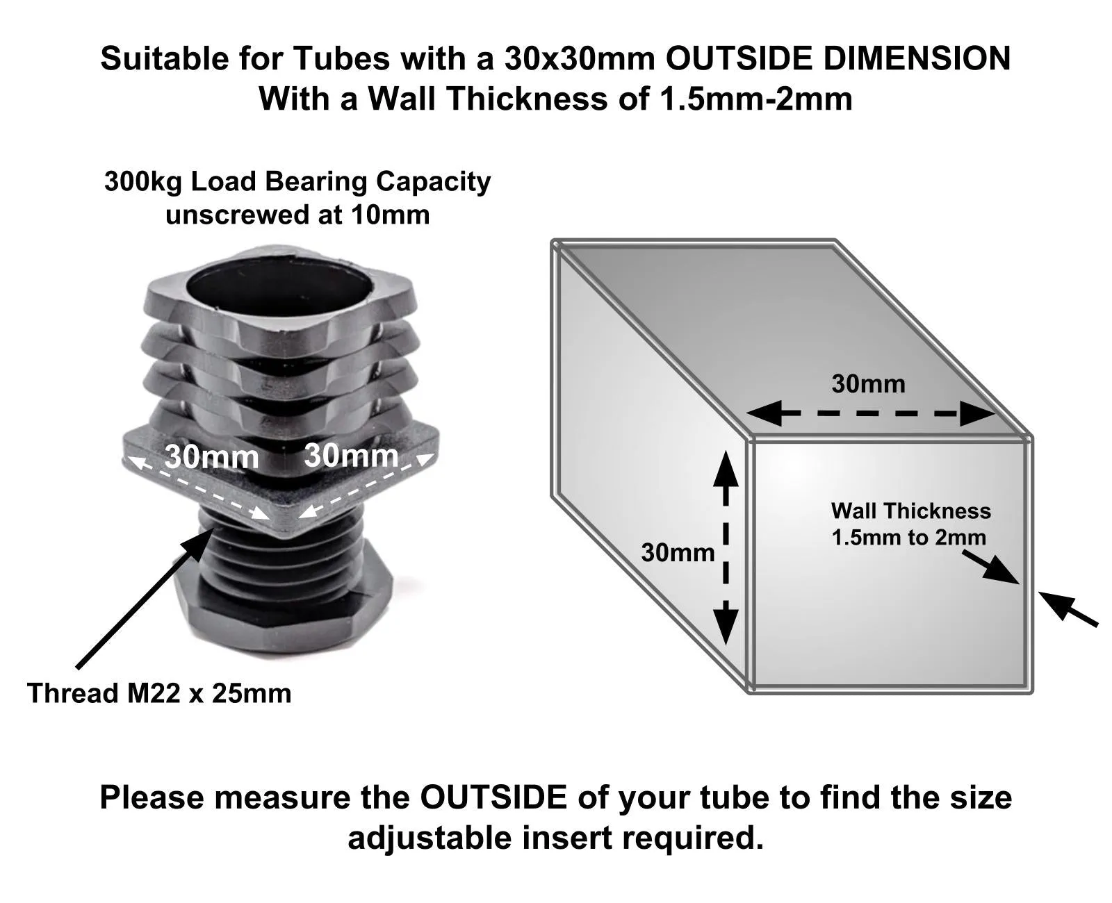 Square Tube Inserts 30mm x 30mm Height Adjustable | Made in Germany | Keay Vital Parts