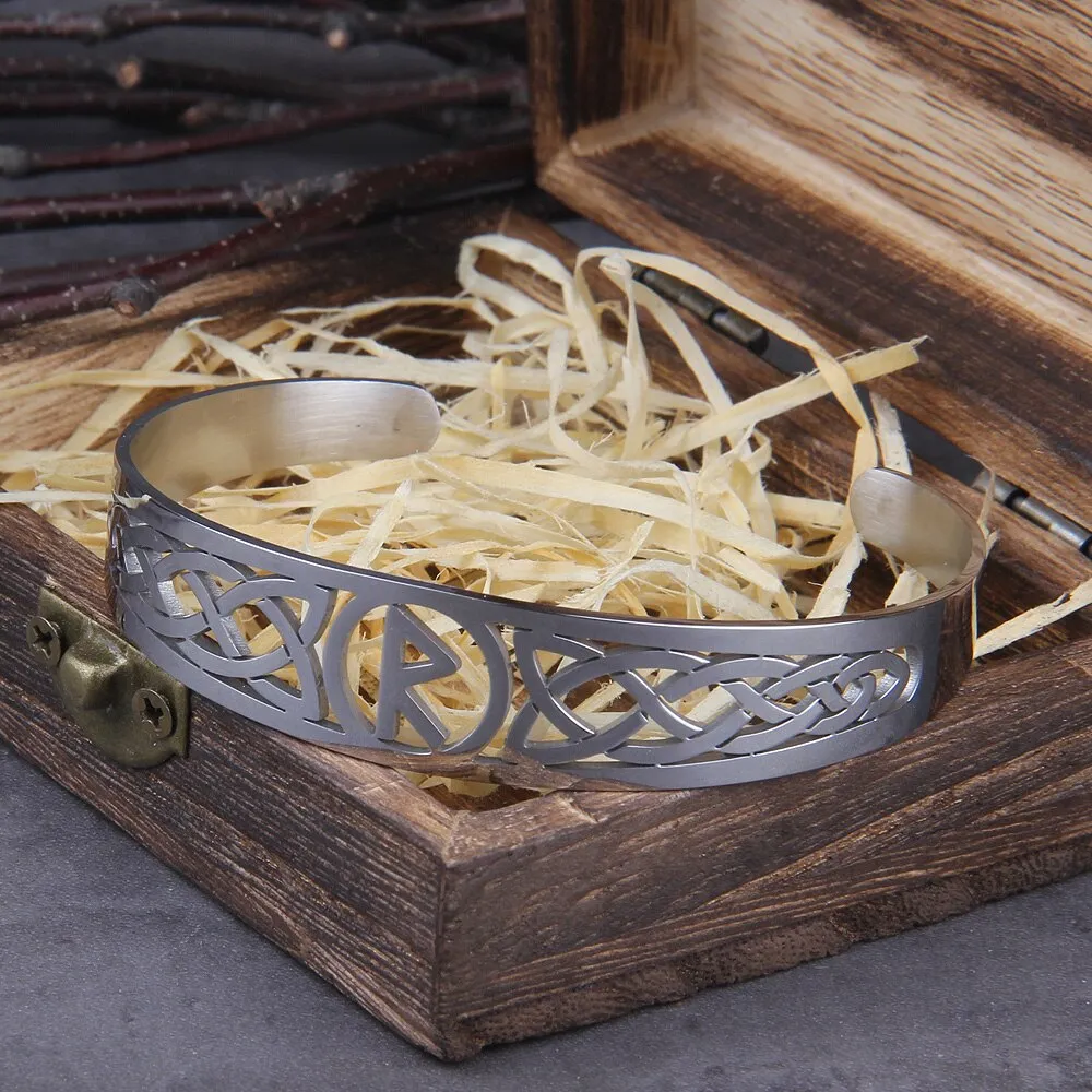 Stainless Steel Nordic Viking Norse Valknut Armband adjustable Men Wristband Cuff Bracelets with Viking Wooden Box