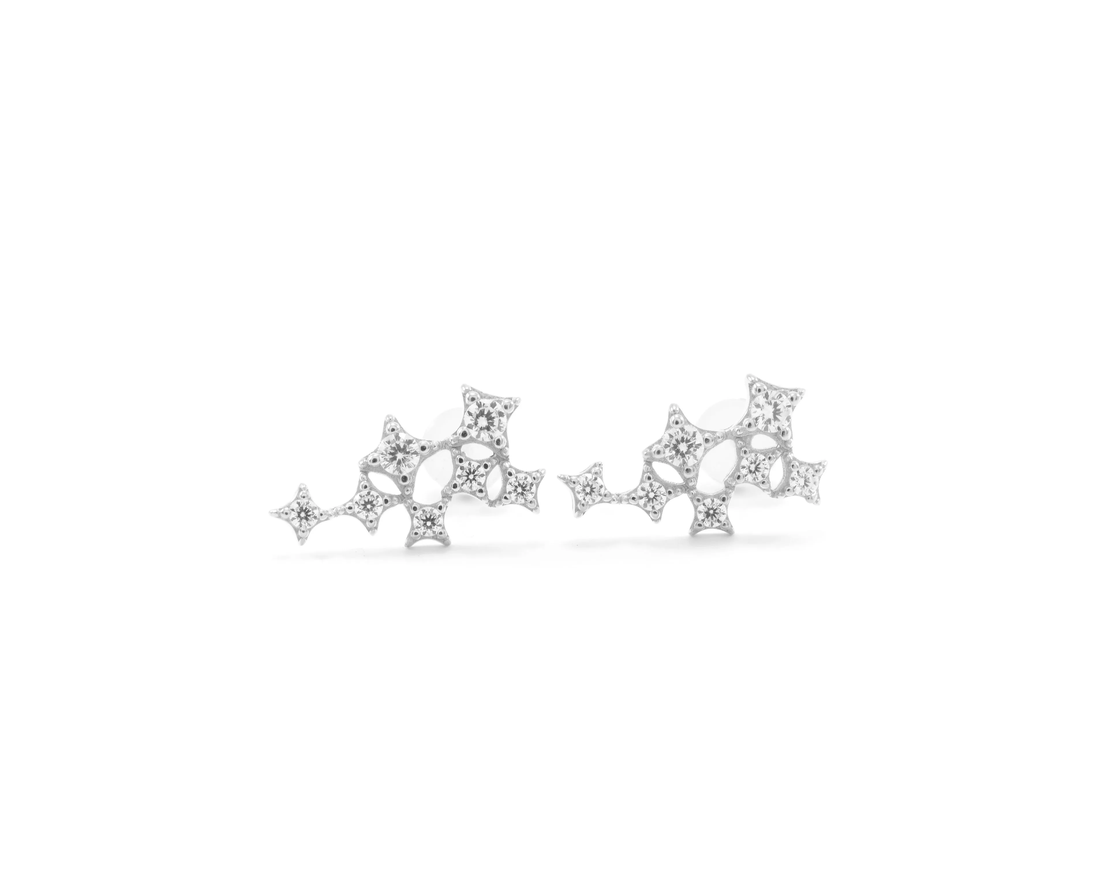 Star Cluster Stud Earring with Zirconia Diamond, White Rhodium Finish