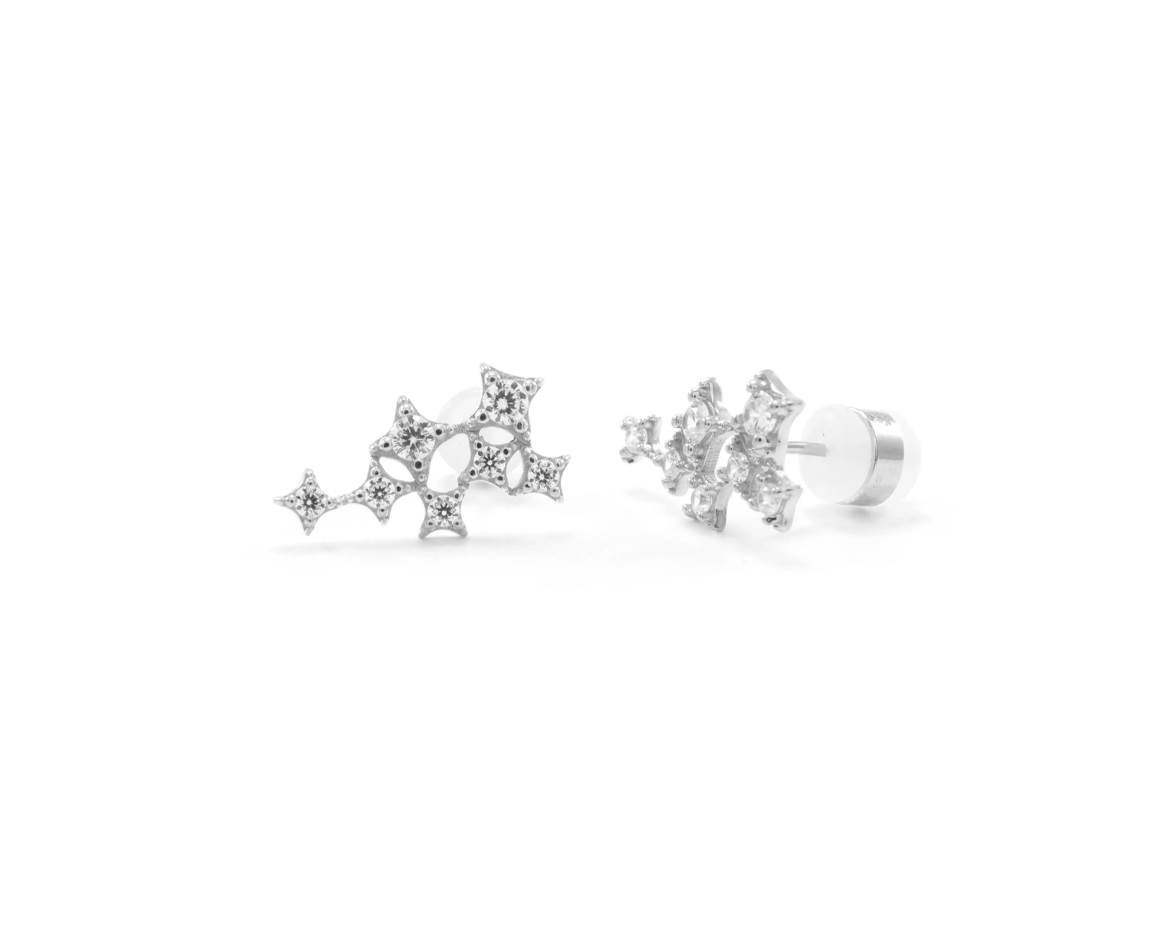 Star Cluster Stud Earring with Zirconia Diamond, White Rhodium Finish