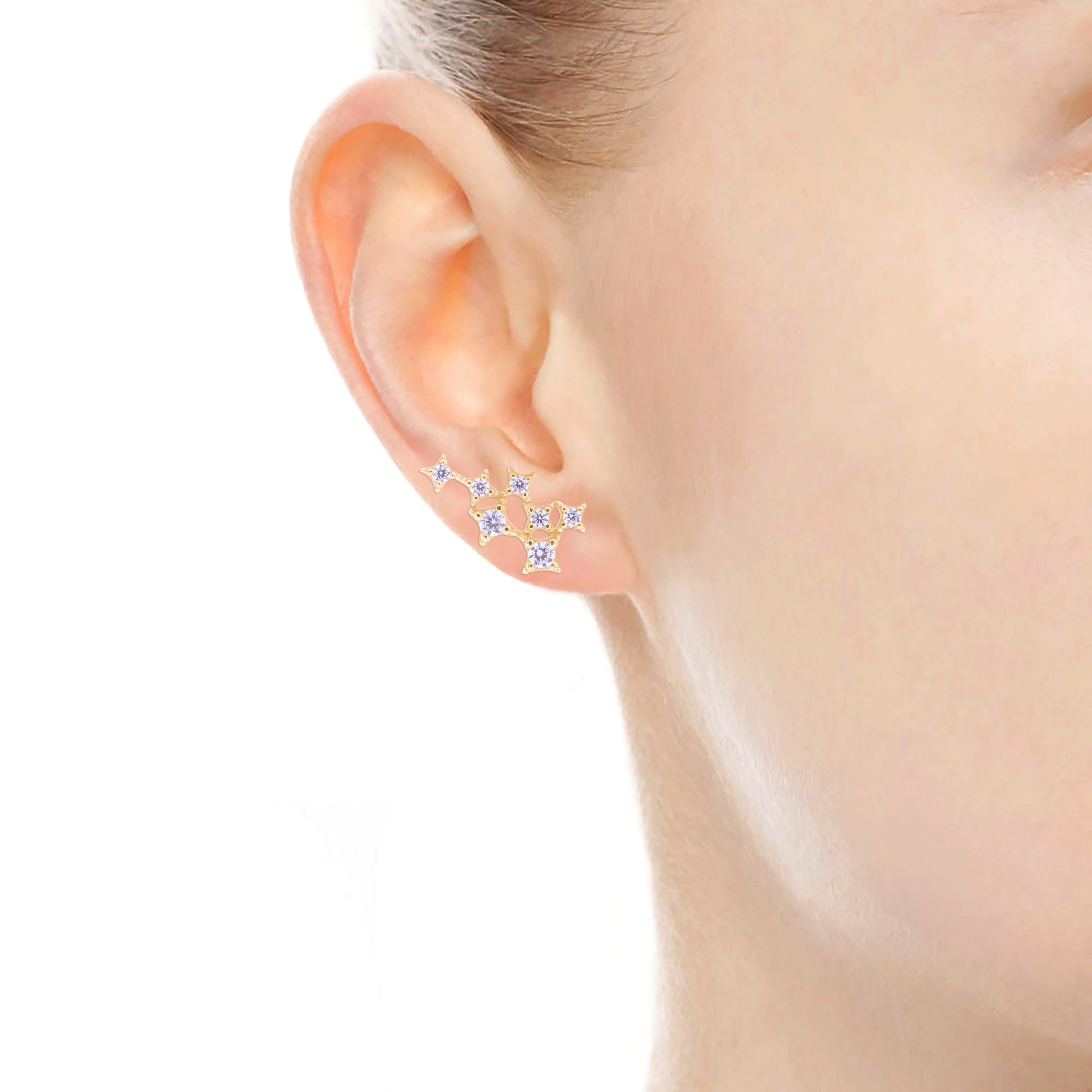 Star Cluster Stud Earring with Zirconia Diamond, White Rhodium Finish