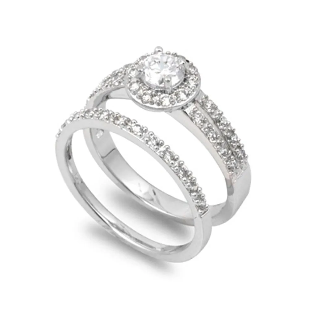Sterling Silver Designer Engagement Ring Wedding Band Bridal Set CZ Sizes 5-10