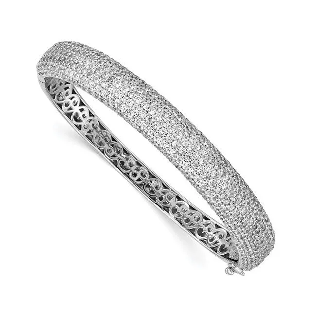 Sterling Silver Rhodium Plated CZ Pavee Hinged Bangle Bracelet