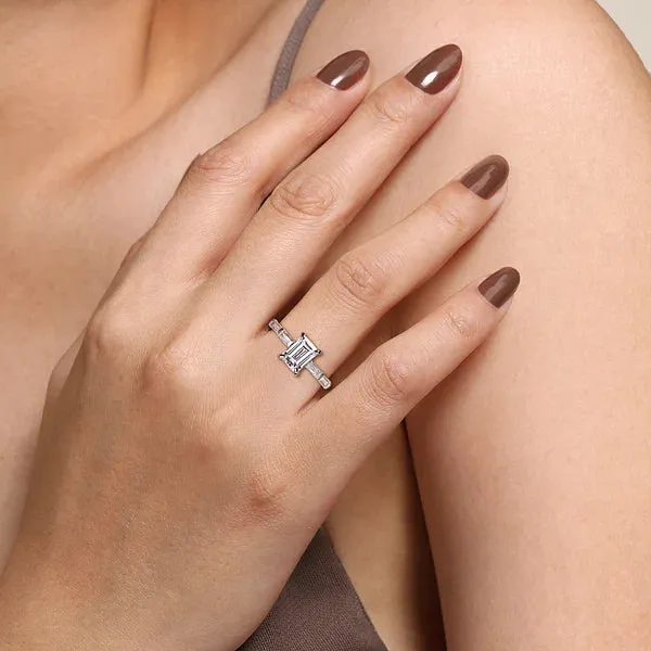 Straight Hidden Halo Emerald Cut Diamond Engagement Ring Mounting