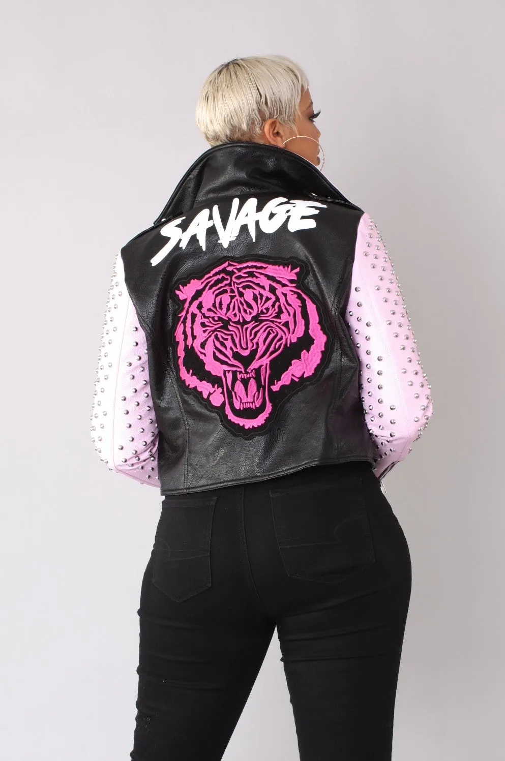 Studded Faux Leather Moto Jacket with Embroidered Tiger Back -81751