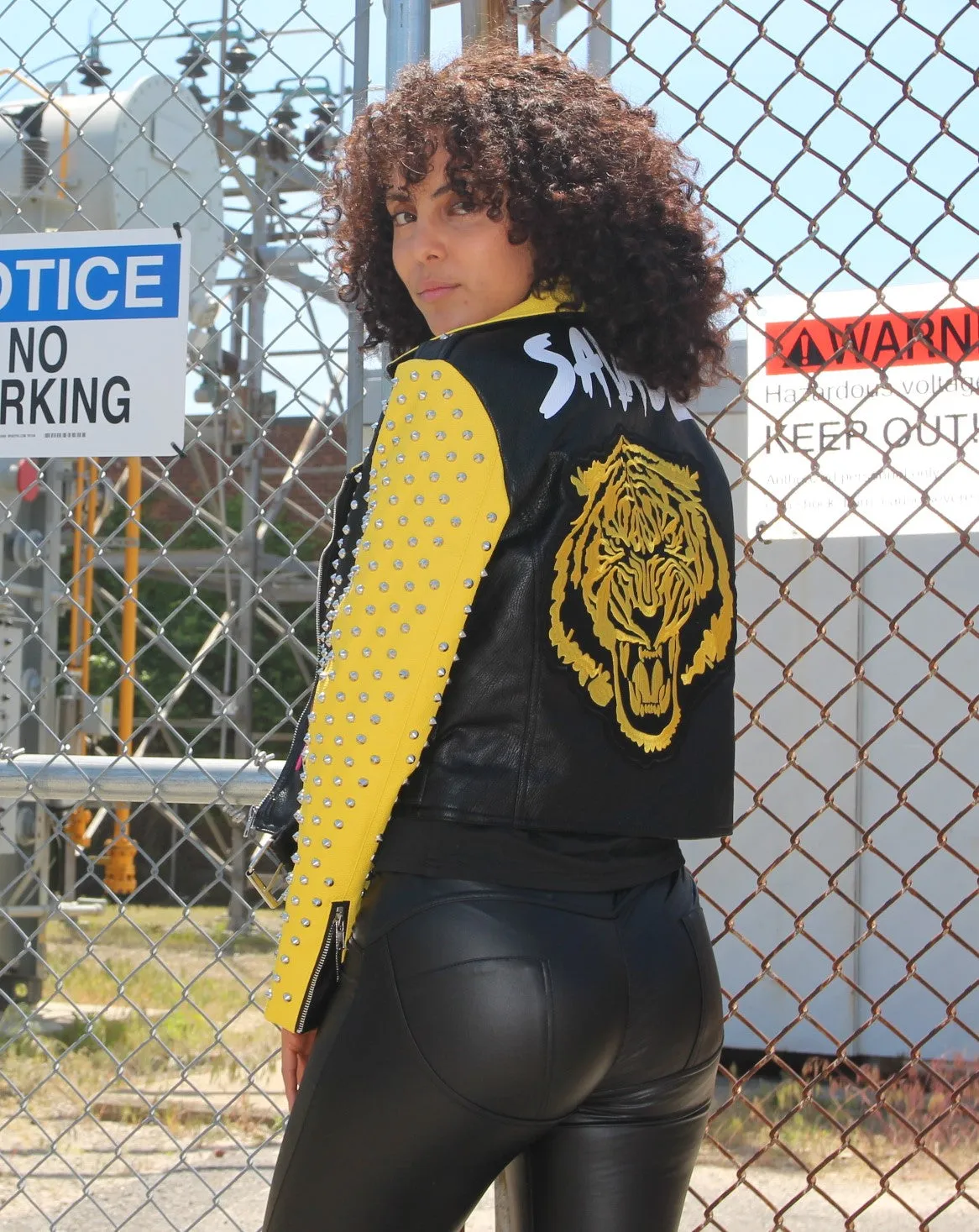 Studded Faux Leather Moto Jacket with Embroidered Tiger Back -81751