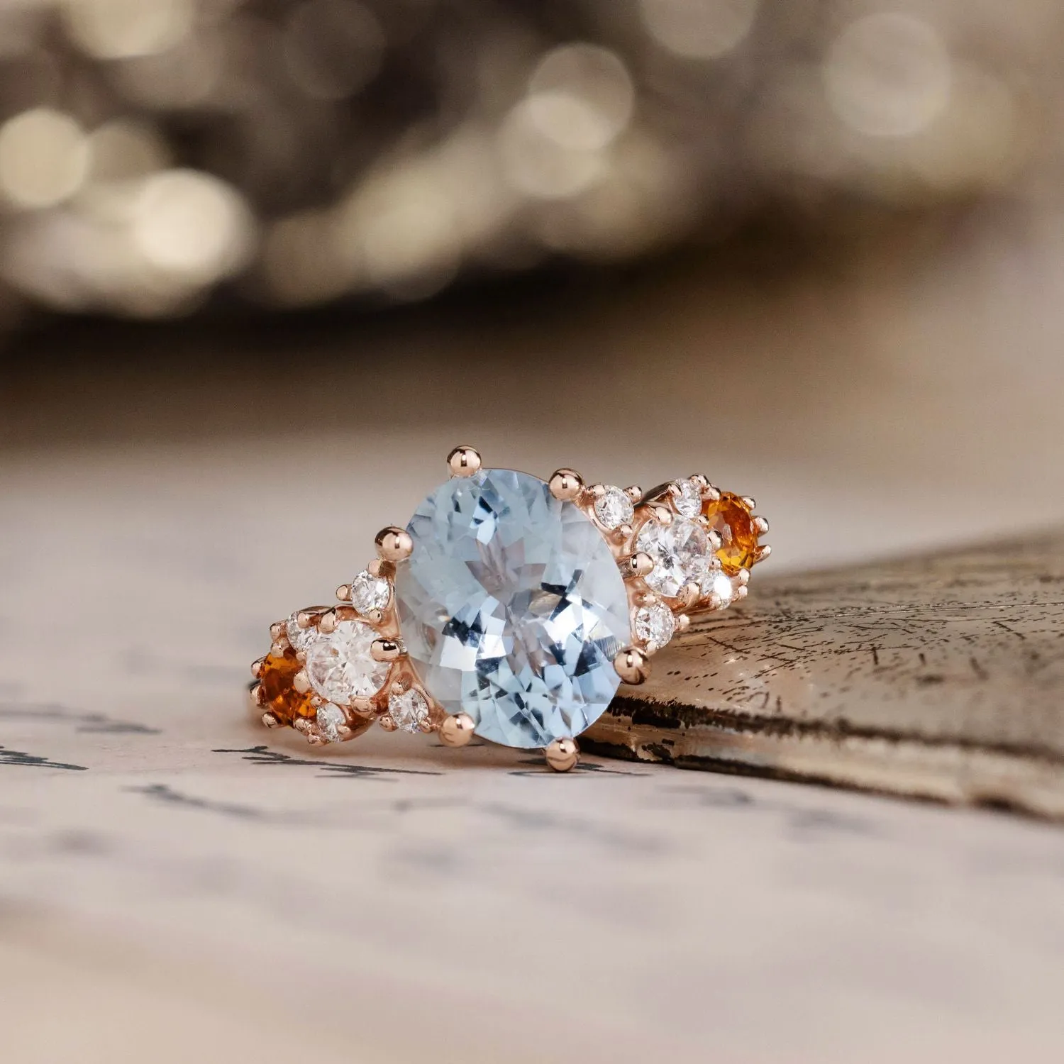 The Elowen - Vintage-Inspired Oval Aquamarine Engagement Ring with Natural Diamond and Citrine Accents