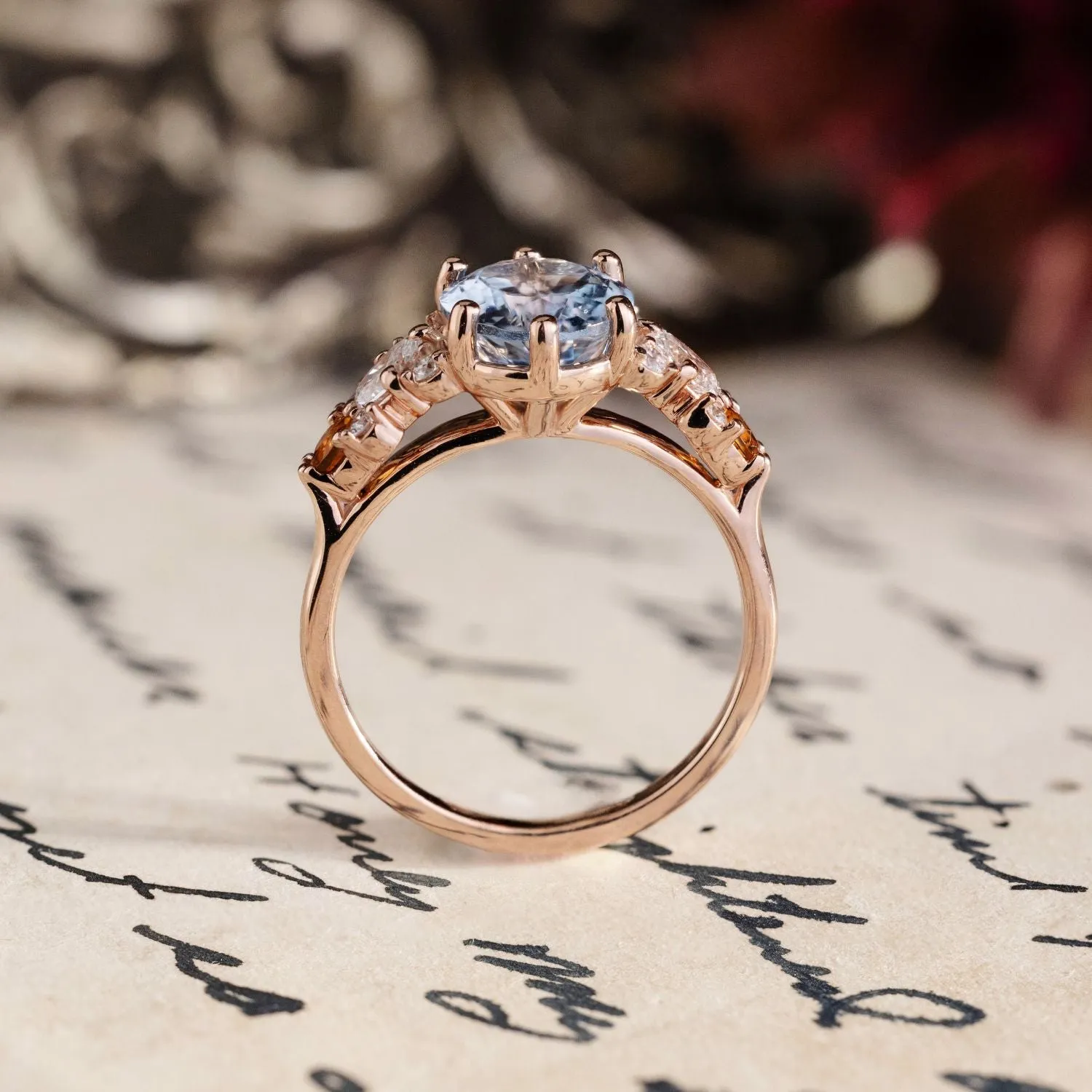 The Elowen - Vintage-Inspired Oval Aquamarine Engagement Ring with Natural Diamond and Citrine Accents