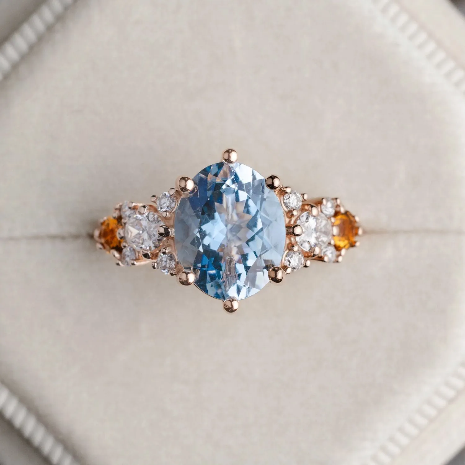The Elowen - Vintage-Inspired Oval Aquamarine Engagement Ring with Natural Diamond and Citrine Accents