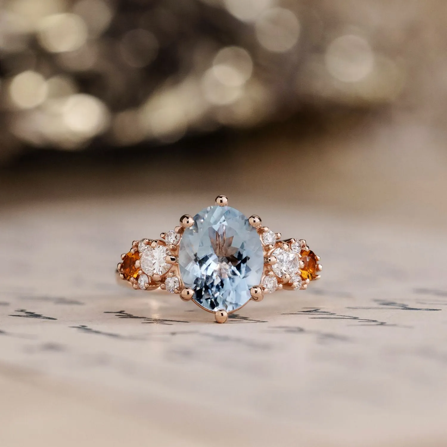 The Elowen - Vintage-Inspired Oval Aquamarine Engagement Ring with Natural Diamond and Citrine Accents