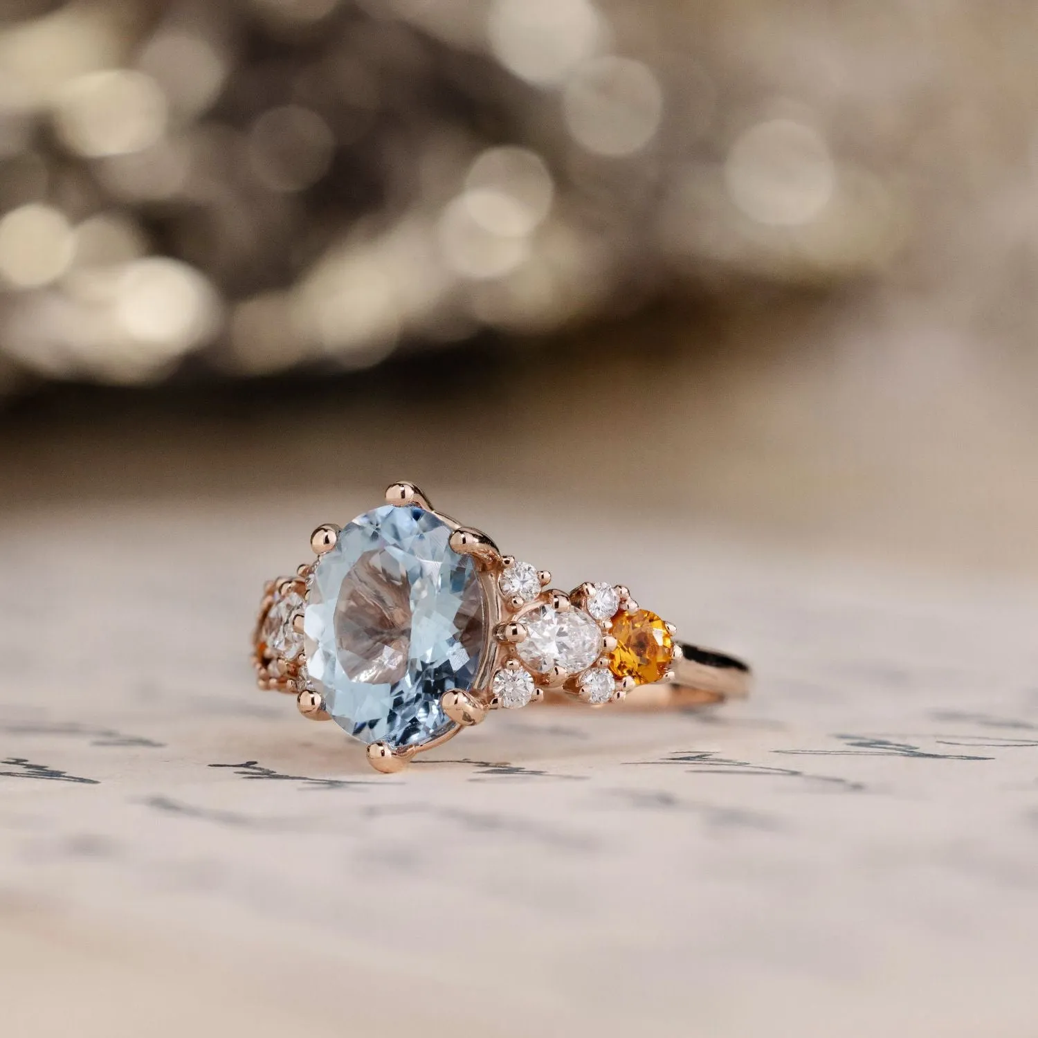 The Elowen - Vintage-Inspired Oval Aquamarine Engagement Ring with Natural Diamond and Citrine Accents