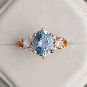 The Elowen - Vintage-Inspired Oval Aquamarine Engagement Ring with Natural Diamond and Citrine Accents